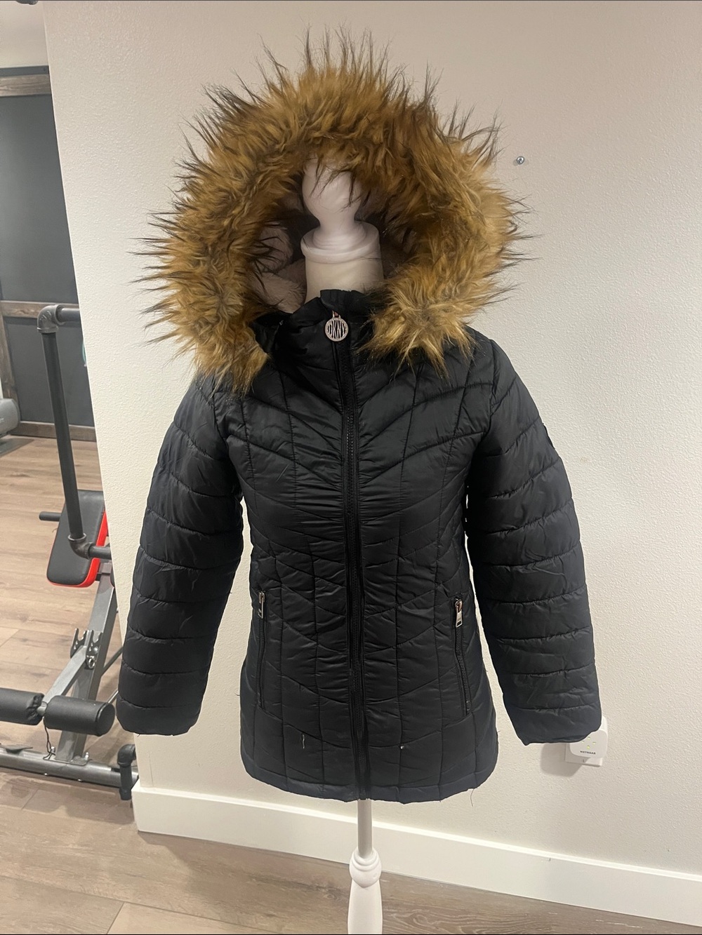 Donna Karan Black Puffer Coat with Brown Faux Fur Trim Hood